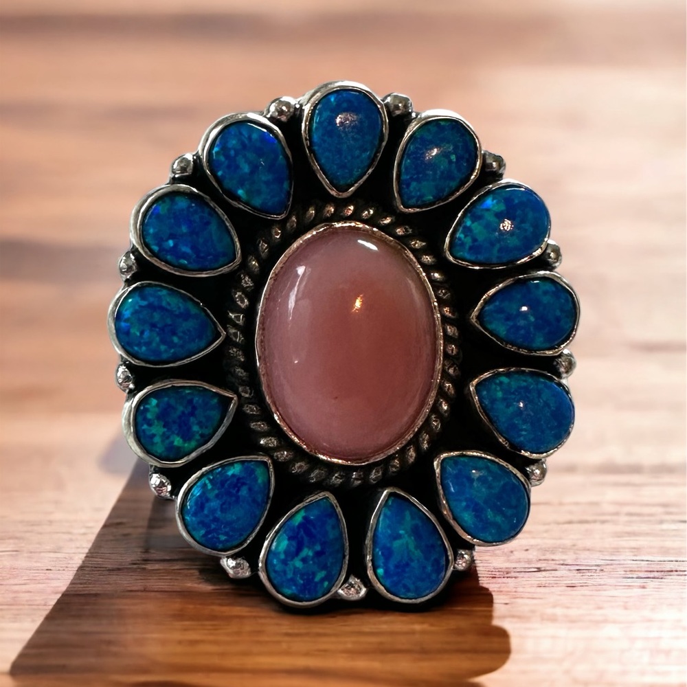 Pink Conch & Blue Fire Opals in Sterling Silver Ring